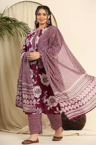  purple pure cotton kurta dupatta pant set with handwork