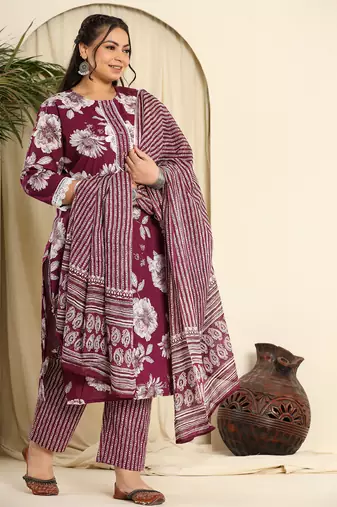  purple pure cotton kurta dupatta pant set with handwork