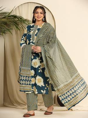  teal blue pure cotton kurta dupatta pant set with handwork 1