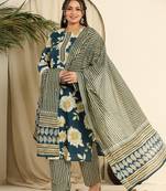  teal blue pure cotton kurta dupatta pant set with handwork