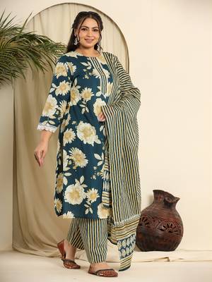  teal blue pure cotton kurta dupatta pant set with handwork 2
