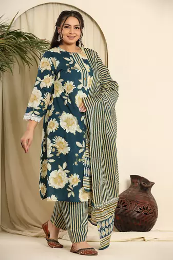  teal blue pure cotton kurta dupatta pant set with handwork
