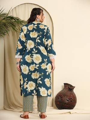  teal blue pure cotton kurta dupatta pant set with handwork 3