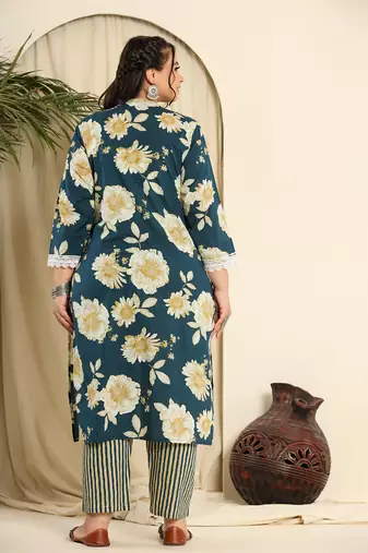  teal blue pure cotton kurta dupatta pant set with handwork