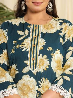  teal blue pure cotton kurta dupatta pant set with handwork 4