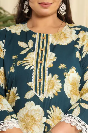  teal blue pure cotton kurta dupatta pant set with handwork