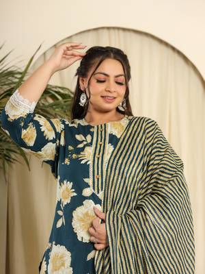  teal blue pure cotton kurta dupatta pant set with handwork 5
