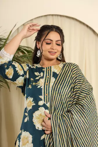  teal blue pure cotton kurta dupatta pant set with handwork