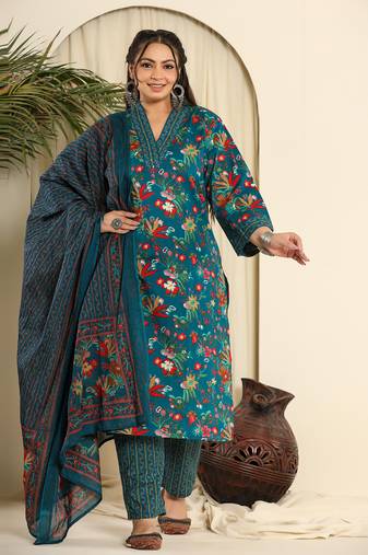  navy blue pure cotton sequins work kurta dupatta pant set with handwork