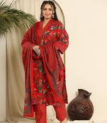  red pure cotton sequins work kurta dupatta pant set with handwork