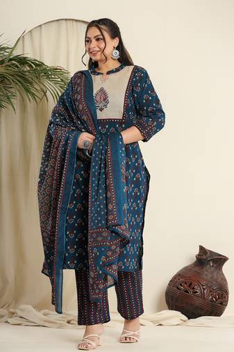  navy blue pure cotton kantha work kurta dupatta pant set with handblock yoke