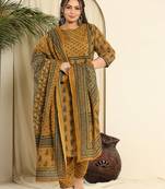  mustard pure cotton kantha work kurta dupatta pant set with handwork