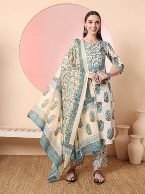  cream pure cotton block print,sequins work kurta set with pant & dupatta 1