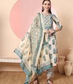  cream pure cotton block print,sequins work kurta set with pant & dupatta