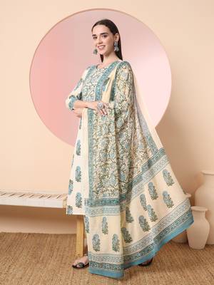  cream pure cotton block print,sequins work kurta set with pant & dupatta 2