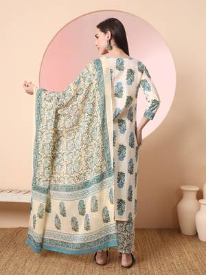  cream pure cotton block print,sequins work kurta set with pant & dupatta 3