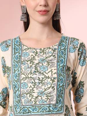  cream pure cotton block print,sequins work kurta set with pant & dupatta 4