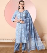  blue pure cotton embroidered kurta set with pant & dupatta
