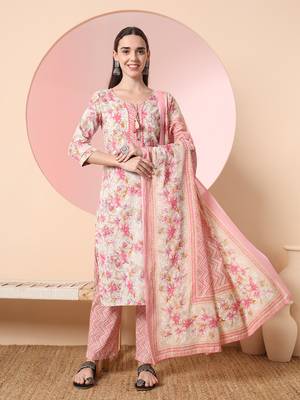  cream and peach pure cotton yuck design kurta dupatta set with pants 1