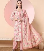  cream and peach pure cotton yuck design kurta dupatta set with pants