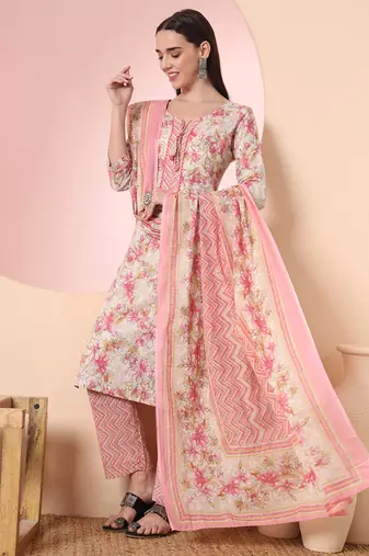  cream and peach pure cotton yuck design kurta dupatta set with pants