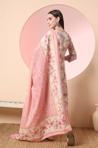  cream and peach pure cotton yuck design kurta dupatta set with pants