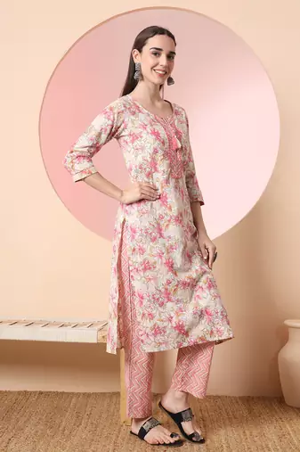  cream and peach pure cotton yuck design kurta dupatta set with pants