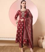  maroon pure cotton chikankari anarkali kurta dupatta pant set