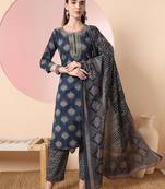  teal blue pure cotton chikankari straight kurta dupatta pant set