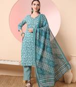  green pure cotton thread work straight kurta dupatta pant set