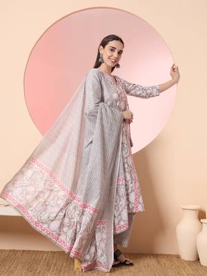  grey pure cotton angrakha kurta dupatta pant set 2