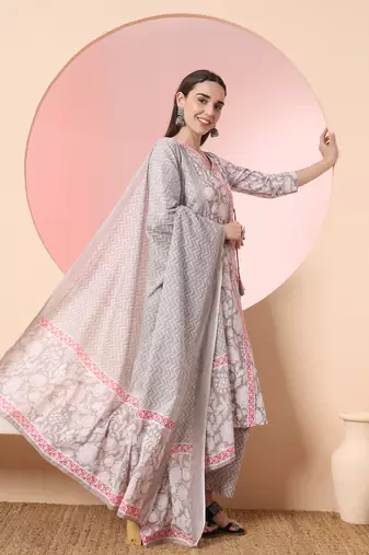  grey pure cotton angrakha kurta dupatta pant set