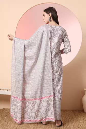  grey pure cotton angrakha kurta dupatta pant set