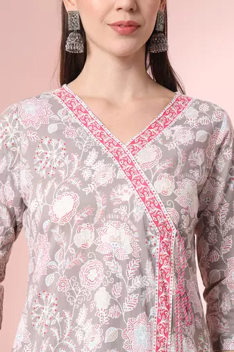  grey pure cotton angrakha kurta dupatta pant set