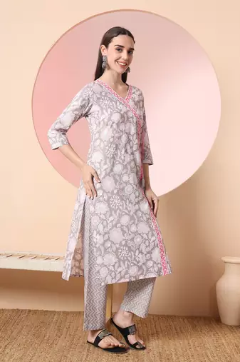  grey pure cotton angrakha kurta dupatta pant set