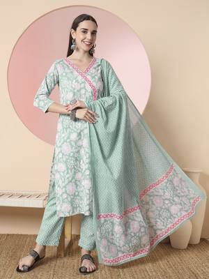  sea green pure cotton angrakha kurta dupatta pant set 1