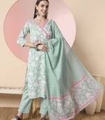  sea green pure cotton angrakha kurta dupatta pant set