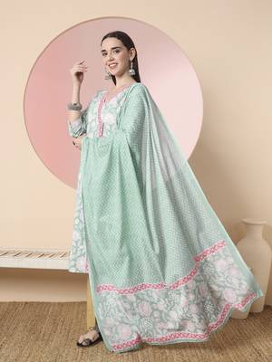  sea green pure cotton angrakha kurta dupatta pant set 2