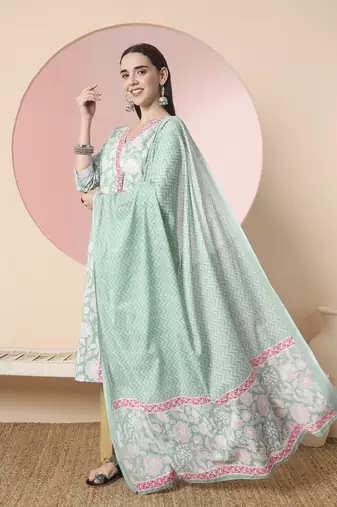  sea green pure cotton angrakha kurta dupatta pant set
