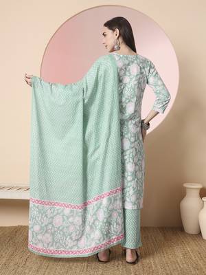  sea green pure cotton angrakha kurta dupatta pant set 3