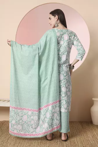  sea green pure cotton angrakha kurta dupatta pant set
