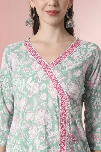  sea green pure cotton angrakha kurta dupatta pant set