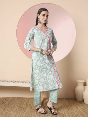  sea green pure cotton angrakha kurta dupatta pant set 5