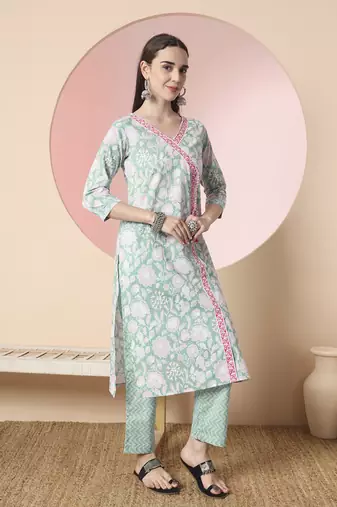  sea green pure cotton angrakha kurta dupatta pant set