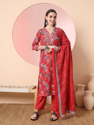 red pure cotton thread work straight kurta dupatta pant set 1
