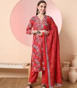  red pure cotton thread work straight kurta dupatta pant set