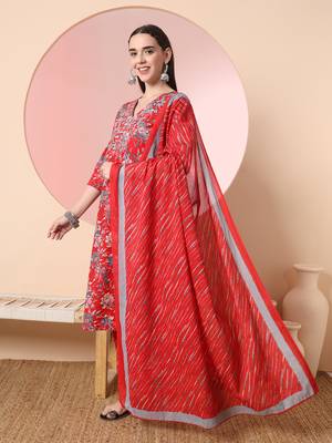  red pure cotton thread work straight kurta dupatta pant set 2