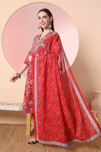 red pure cotton thread work straight kurta dupatta pant set