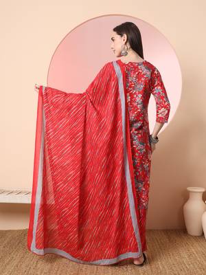  red pure cotton thread work straight kurta dupatta pant set 3