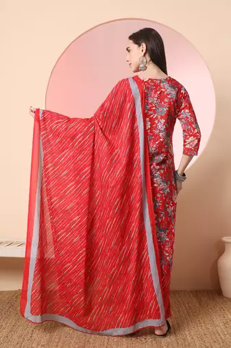  red pure cotton thread work straight kurta dupatta pant set